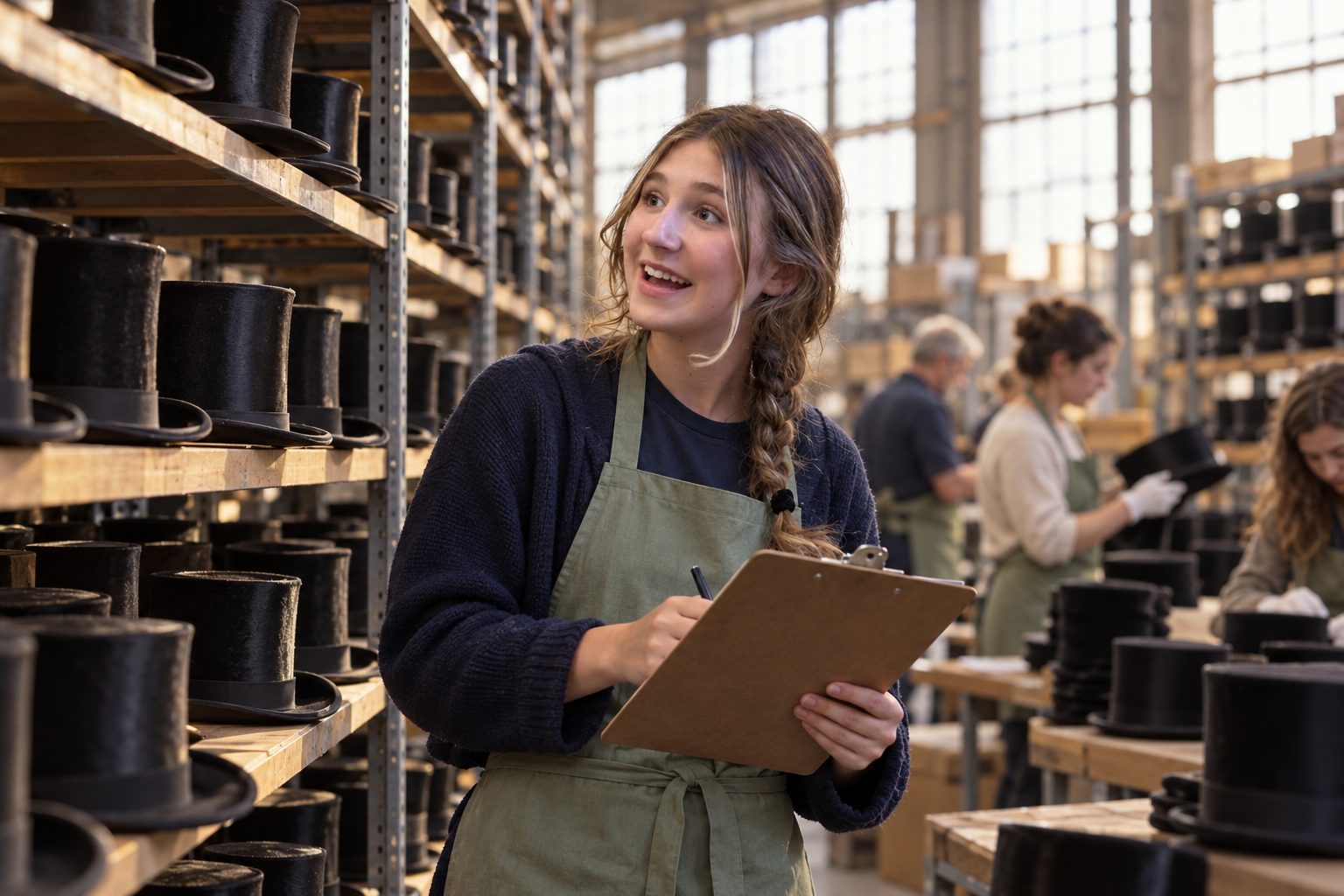 Katell Flannigan inspecting tall shelves of top hats in the Foundation's warehouse